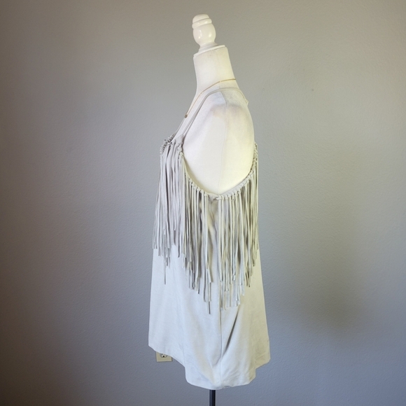 ZARA // super soft fringe faux suede plunge halter raw hem mini dress - Picture 6 of 12